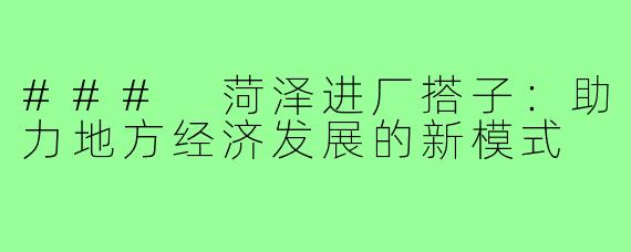 ### 菏泽进厂搭子:助力地方经济发展的新模式