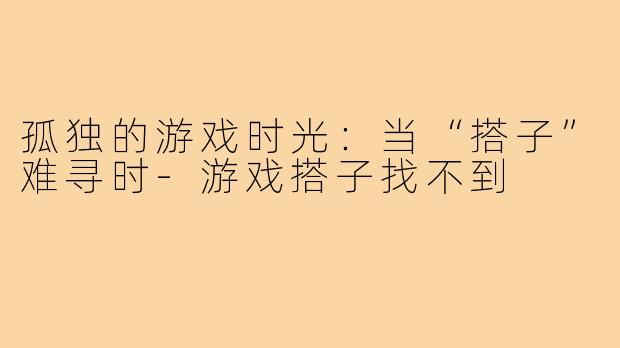 孤独的游戏时光：当“搭子”难寻时