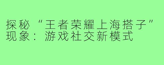 探秘“王者荣耀上海搭子”现象:游戏社交新模式