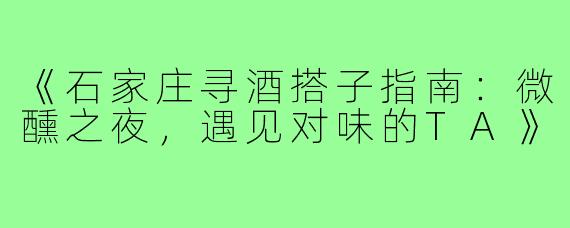 《石家庄寻酒搭子指南：微醺之夜，遇见对味的TA》