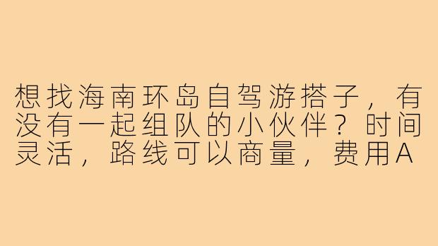 想找海南环岛自驾游搭子，有没有一起组队的小伙伴？时间灵活，路线可以商量，费用AA，主要想体验海边公路和小众景点！