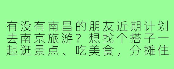 有没有南昌的朋友近期计划去南京旅游？想找个搭子一起逛景点、吃美食，分摊住宿交通费用，时间灵活可商量！