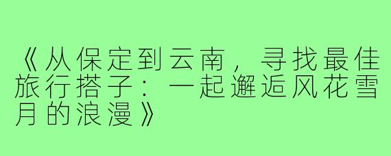 《从保定到云南，寻找最佳旅行搭子：一起邂逅风花雪月的浪漫》