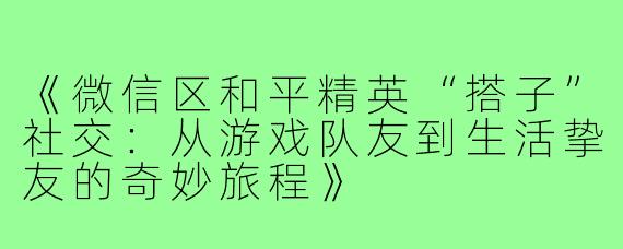 《微信区和平精英“搭子”社交：从游戏队友到生活挚友的奇妙旅程》