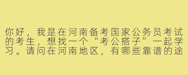 你好，我是在河南备考国家公务员考试的考生，想找一个“考公搭子”一起学习。请问在河南地区，有哪些靠谱的途径或平台可以找到合适的国考学习伙伴？结对学习时需要注意哪些问题以确保高效备考？-国考搭子河南