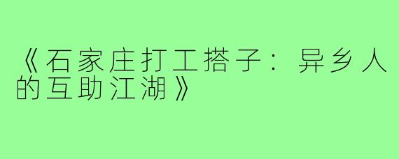 《石家庄打工搭子：异乡人的互助江湖》
