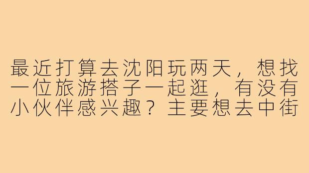 最近打算去沈阳玩两天，想找一位旅游搭子一起逛，有没有小伙伴感兴趣？主要想去中街、故宫、西塔这些地方，顺便尝尝老边饺子和烤鸡架。时间大概在周末，男女不限，希望性格随和、喜欢拍照或美食的伙伴同行～-沈阳旅游找搭子