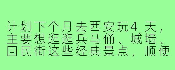 计划下个月去西安玩4天，主要想逛逛兵马俑、城墙、回民街这些经典景点，顺便尝尝当地美食。有没有时间合适的小伙伴一起？可以互相拍照、拼饭，男女不限，希望性格随和好相处～
