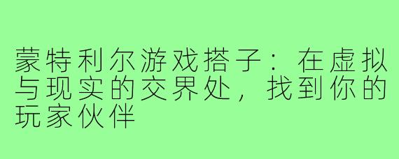 蒙特利尔游戏搭子：在虚拟与现实的交界处，找到你的玩家伙伴