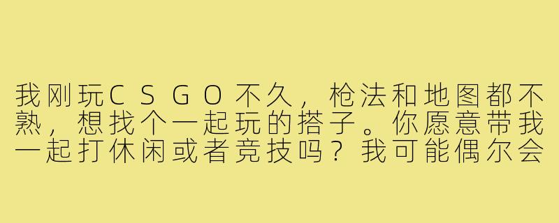 我刚玩CSGO不久，枪法和地图都不熟，想找个一起玩的搭子。你愿意带我一起打休闲或者竞技吗？我可能偶尔会坑，但会认真学！-csgo新手游戏搭子