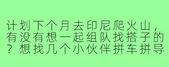 计划下个月去印尼爬火山，有没有想一起组队找搭子的？想找几个小伙伴拼车拼导游，互相拍照照应，最好能凑个小团省点开销。有经验的朋友求带路！