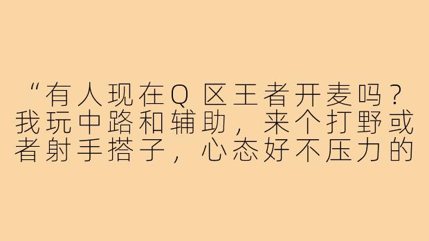 “有人现在Q区王者开麦吗？我玩中路和辅助，来个打野或者射手搭子，心态好不压力的来！”