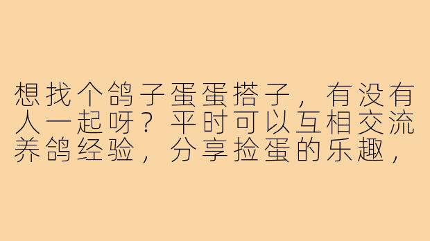 想找个鸽子蛋蛋搭子,有没有人一起呀?平时可以互相交流养鸽经验,分享捡蛋的乐趣,还能结伴去市场挑鸽子蛋,周末约着去郊外探鸽舍!新手老手都欢迎,重要的是真心喜欢这些小生命~-找鸽子蛋蛋搭子