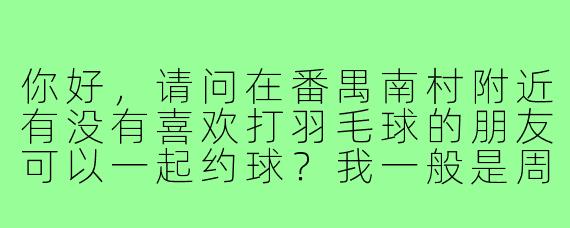 你好，请问在番禺南村附近有没有喜欢打羽毛球的朋友可以一起约球？我一般是周末有空，中级水平，希望能找到固定的球搭子一起锻炼。