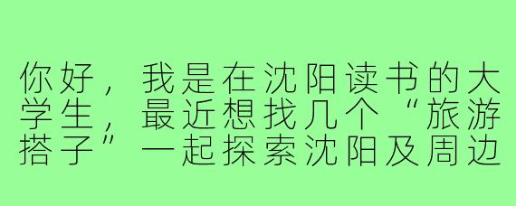 你好,我是在沈阳读书的大学生,最近想找几个“旅游搭子”一起探索沈阳及周边,但不太清楚从哪里开始寻找合适的伙伴,以及如何规划适合学生群体的行程。可以给我一些建议吗?