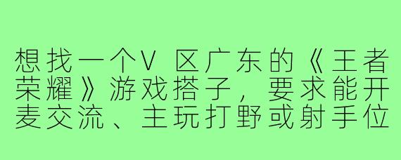 想找一个V区广东的《王者荣耀》游戏搭子，要求能开麦交流、主玩打野或射手位置，晚上和周末在线，心态好不压力队友。请问有符合条件的朋友吗？可以私信我具体段位和常用英雄，一起上分！