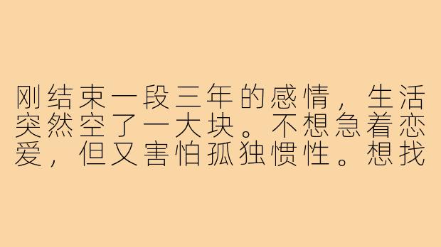 刚结束一段三年的感情，生活突然空了一大块。不想急着恋爱，但又害怕孤独惯性。想找搭子一起做点事分散注意力——比如周末徒步、看展、探店打卡，或者只是约图书馆各自安静看书。你在类似阶段是怎么调整的？有没有建议或愿意搭伙尝试新事物？