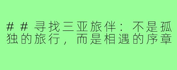 ##寻找三亚旅伴：不是孤独的旅行，而是相遇的序章