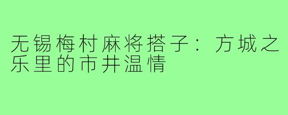 无锡梅村麻将搭子：方城之乐里的市井温情