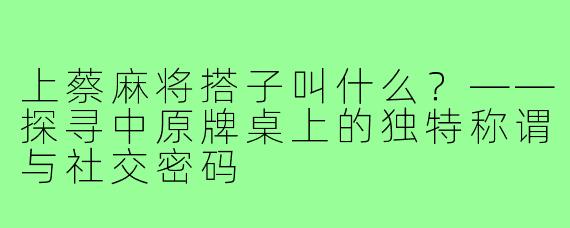 上蔡麻将搭子叫什么？——探寻中原牌桌上的独特称谓与社交密码